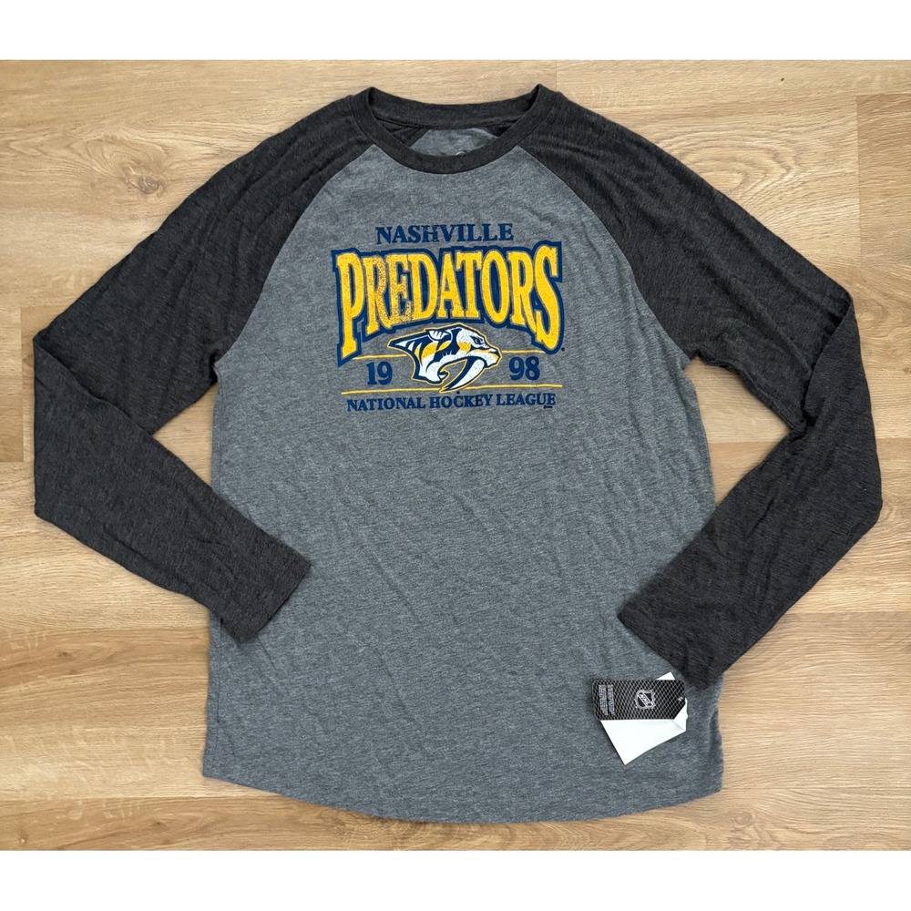 NWT Men's NHL Nashville Predators  Raglan Long Sleeve Tee -Large- Charcoal Gray